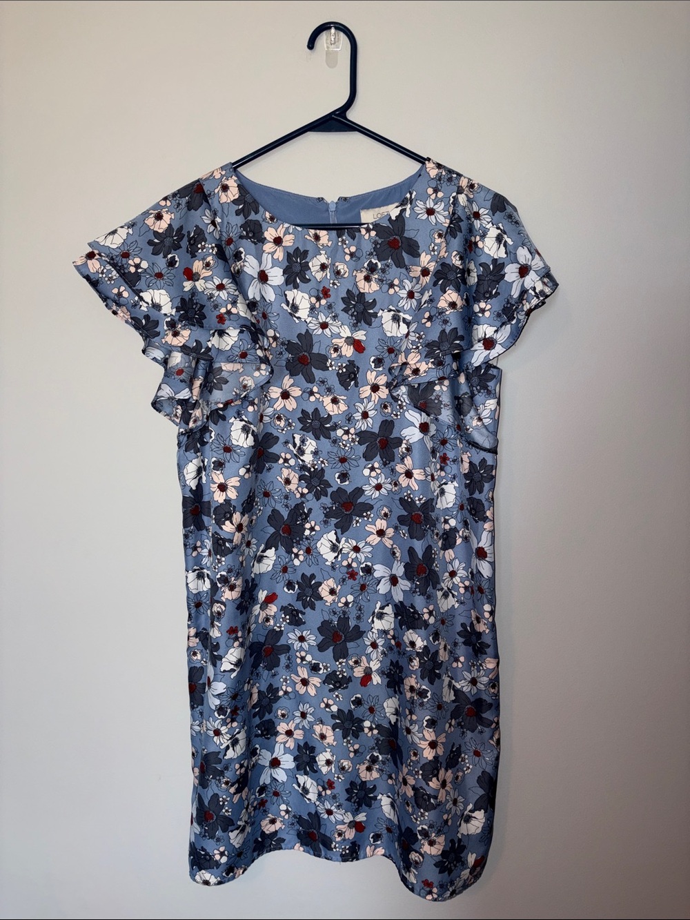 LOFT Blue Floral Ruffle-Sleeve Dress Small